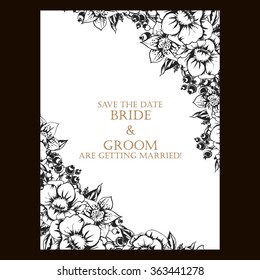 Vintage delicate invitation with flowers for wedding, marriage, bridal, birthday, Valentine's day. Romantic vector illustration.