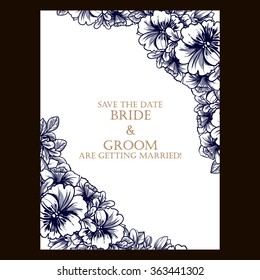 Vintage delicate invitation with flowers for wedding, marriage, bridal, birthday, Valentine's day. Romantic vector illustration.