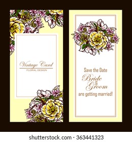 Vintage delicate invitation with flowers for wedding, marriage, bridal, birthday, Valentine's day. Romantic vector illustration.