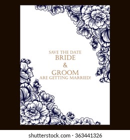 Vintage delicate invitation with flowers for wedding, marriage, bridal, birthday, Valentine's day. Romantic vector illustration.