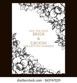 Vintage delicate invitation with flowers for wedding, marriage, bridal, birthday, Valentine's day. Romantic vector illustration.