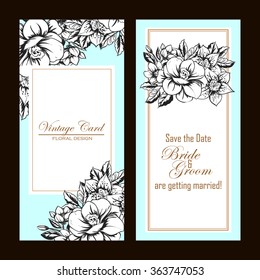 Vintage delicate invitation with flowers for wedding, marriage, bridal, birthday, Valentine's day. Romantic vector illustration.