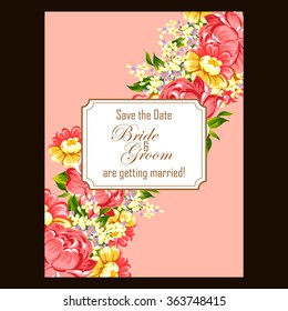 Vintage delicate invitation with flowers for wedding, marriage, bridal, birthday, Valentine's day. Romantic vector illustration.