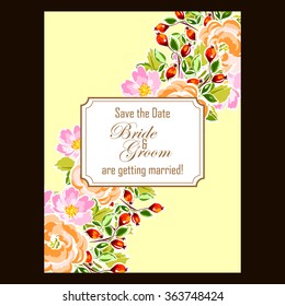 Vintage delicate invitation with flowers for wedding, marriage, bridal, birthday, Valentine's day. Romantic vector illustration.