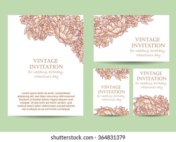 Vintage delicate invitation with flowers for wedding, marriage, bridal, birthday, Valentine's day. Romantic vector illustration. Vintage delicate invitation with flowers for wedding, marriage, bridal, birthday, Valentine's day. Romantic vector illustration.