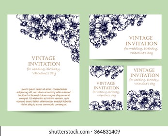 Vintage delicate invitation with flowers for wedding, marriage, bridal, birthday, Valentine's day. Romantic vector illustration.