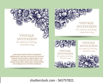 Vintage delicate invitation with flowers for wedding, marriage, bridal, birthday, Valentine's day. Romantic vector illustration.