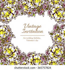 Vintage delicate invitation with flowers for wedding, marriage, bridal, birthday, Valentine's day. Romantic vector illustration.