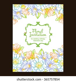 Vintage delicate invitation with flowers for wedding, marriage, bridal, birthday, Valentine's day. Romantic vector illustration.