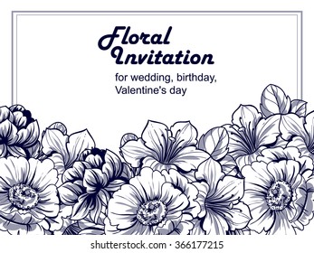 Vintage delicate invitation with flowers for wedding, marriage, bridal, birthday, Valentine's day. 