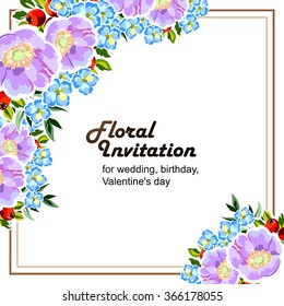 Vintage delicate invitation with flowers for wedding, marriage, bridal, birthday, Valentine's day.