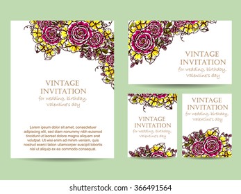 Vintage delicate invitation with flowers for wedding, marriage, bridal, birthday, Valentine's day. Romantic vector illustration.