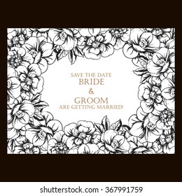 Vintage delicate invitation with flowers for wedding, marriage, bridal, birthday, Valentine's day. Romantic vector illustration.
