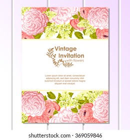 Vintage delicate invitation with flowers for wedding, marriage, bridal, birthday, Valentine's day. Romantic vector illustration.