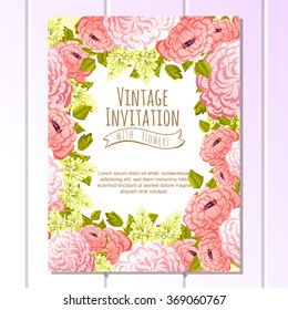Vintage delicate invitation with flowers for wedding, marriage, bridal, birthday, Valentine's day. Romantic vector illustration.