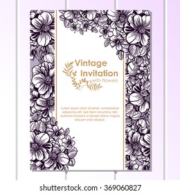 Vintage delicate invitation with flowers for wedding, marriage, bridal, birthday, Valentine's day. Romantic vector illustration.