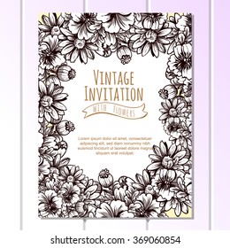 Vintage delicate invitation with flowers for wedding, marriage, bridal, birthday, Valentine's day. Romantic vector illustration.