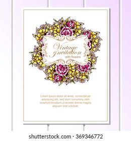 Vintage delicate invitation with flowers for wedding, marriage, bridal, birthday, Valentine's day. Romantic vector illustration.