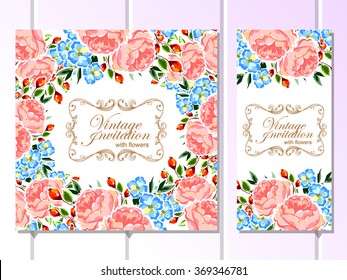 Vintage delicate invitation with flowers for wedding, marriage, bridal, birthday, Valentine's day. Romantic vector illustration.