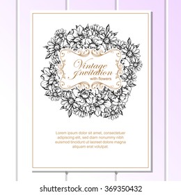 Vintage delicate invitation with flowers for wedding, marriage, bridal, birthday, Valentine's day. Romantic vector illustration.