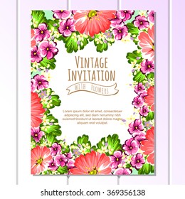 Vintage delicate invitation with flowers for wedding, marriage, bridal, birthday, Valentine's day. Romantic vector illustration.