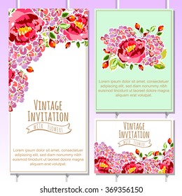 Vintage delicate invitation with flowers for wedding, marriage, bridal, birthday, Valentine's day. Romantic vector illustration. Vintage delicate invitation with flowers for wedding, marriage, bridal, birthday, Valentine's day. Romantic vector illustration.