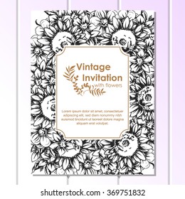 Vintage delicate invitation with flowers for wedding, marriage, bridal, birthday, Valentine's day. Romantic vector illustration.