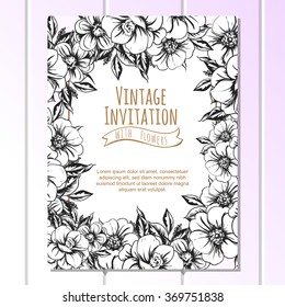 Vintage delicate invitation with flowers for wedding, marriage, bridal, birthday, Valentine's day. Romantic vector illustration.