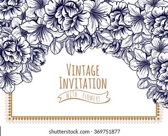Vintage delicate invitation with flowers for wedding, marriage, bridal, birthday, Valentine's day. Romantic vector illustration.