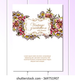Vintage delicate invitation with flowers for wedding, marriage, bridal, birthday, Valentine's day. Romantic vector illustration.