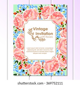 Vintage delicate invitation with flowers for wedding, marriage, bridal, birthday, Valentine's day. Romantic vector illustration.