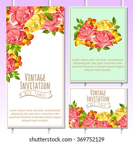 Vintage delicate invitation with flowers for wedding, marriage, bridal, birthday, Valentine's day. Romantic vector illustration.