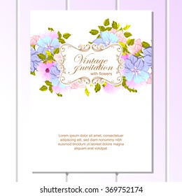 Vintage delicate invitation with flowers for wedding, marriage, bridal, birthday, Valentine's day. Romantic vector illustration.
