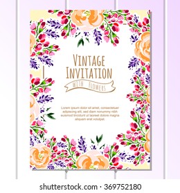 Vintage delicate invitation with flowers for wedding, marriage, bridal, birthday, Valentine's day. Romantic vector illustration.