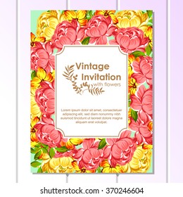 Vintage delicate invitation with flowers for wedding, marriage, bridal, birthday, Valentine's day. Romantic vector illustration.