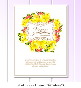 Vintage delicate invitation with flowers for wedding, marriage, bridal, birthday, Valentine's day. Romantic vector illustration.