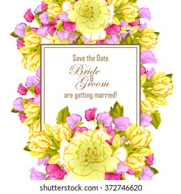 Vintage delicate invitation with flowers for wedding, marriage, bridal, birthday, Valentine's day. Romantic vector illustration.