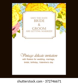 Vintage delicate invitation with flowers for wedding, marriage, bridal, birthday, Valentine's day. Romantic vector illustration.