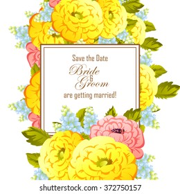 Vintage delicate invitation with flowers for wedding, marriage, bridal, birthday, Valentine's day. Romantic vector illustration.