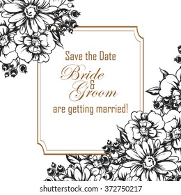 Vintage delicate invitation with flowers for wedding, marriage, bridal, birthday, Valentine's day. Romantic vector illustration.