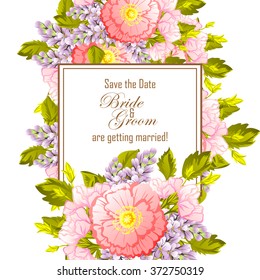 Vintage delicate invitation with flowers for wedding, marriage, bridal, birthday, Valentine's day. Romantic vector illustration.