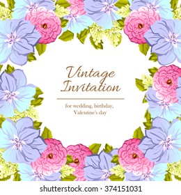 Vintage delicate invitation with flowers for wedding, marriage, bridal, birthday, Valentine's day. Romantic vector illustration.