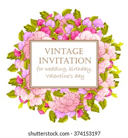 Vintage delicate invitation with flowers for wedding, marriage, bridal, birthday, Valentine's day. Romantic vector illustration.