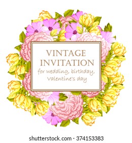 Vintage delicate invitation with flowers for wedding, marriage, bridal, birthday, Valentine's day. Romantic vector illustration.