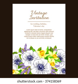 Vintage delicate invitation with flowers for wedding, marriage, bridal, birthday, Valentine's day. Romantic vector illustration.