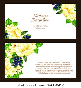 Vintage delicate invitation with flowers for wedding, marriage, bridal, birthday, Valentine's day. Romantic vector illustration.