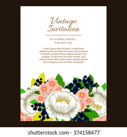 Vintage delicate invitation with flowers for wedding, marriage, bridal, birthday, Valentine's day. Romantic vector illustration.