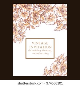 Vintage delicate invitation with flowers for wedding, marriage, bridal, birthday, Valentine's day. Romantic vector illustration.