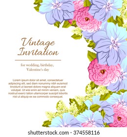 Vintage delicate invitation with flowers for wedding, marriage, bridal, birthday, Valentine's day. Romantic vector illustration.