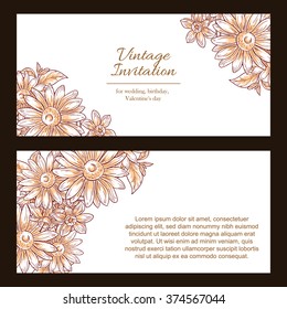 Vintage delicate invitation with flowers for wedding, marriage, bridal, birthday, Valentine's day. Romantic vector illustration.